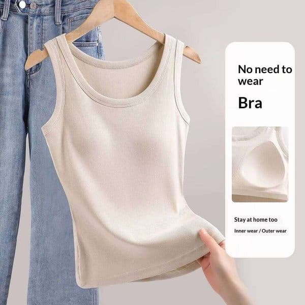 T014 Solid Color Modal Women's Camisole Built-In Bra Pads Fixed Cups Conceals Side Bulges Anti-Bacterial Sporty Inner Outer Wear