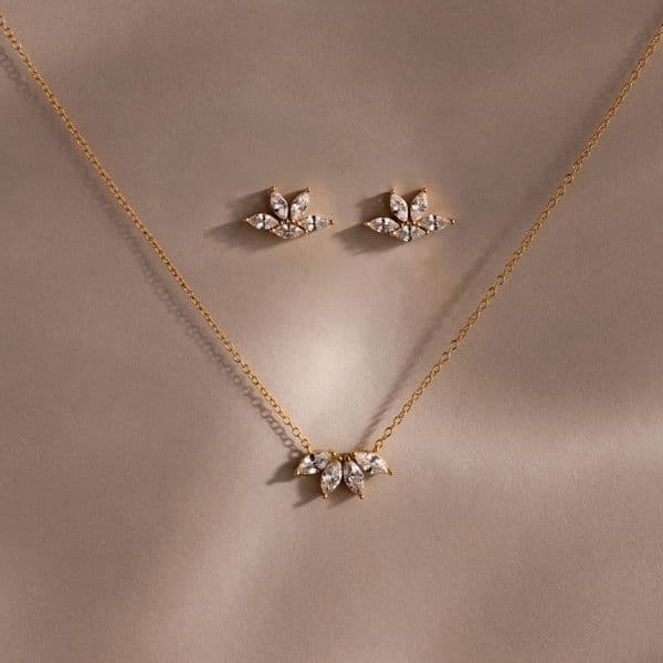 Marquise Diamond Jewelry Set of 2 Diamond Flower Earrings and Necklace Wedding Jewelry Bridal Gift