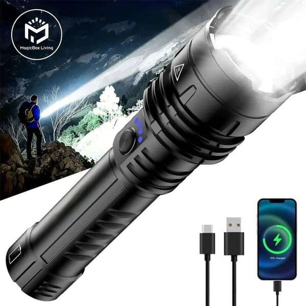 High Power USB Rechargeable Flashlight Ultra Bright LED Digital Torch Camping Outdoor Flash Light Emergency Flashlights