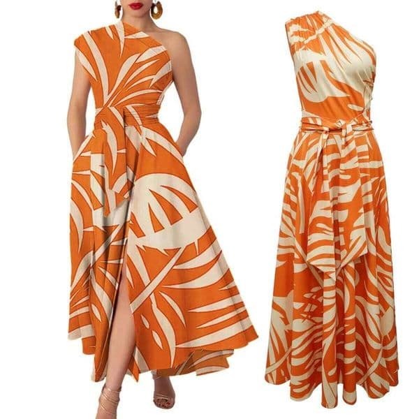 New Trendy Casual Elegant Sleeveless Lace Up Long Dresses Summer Print One Shoulder Neck Dress For Women