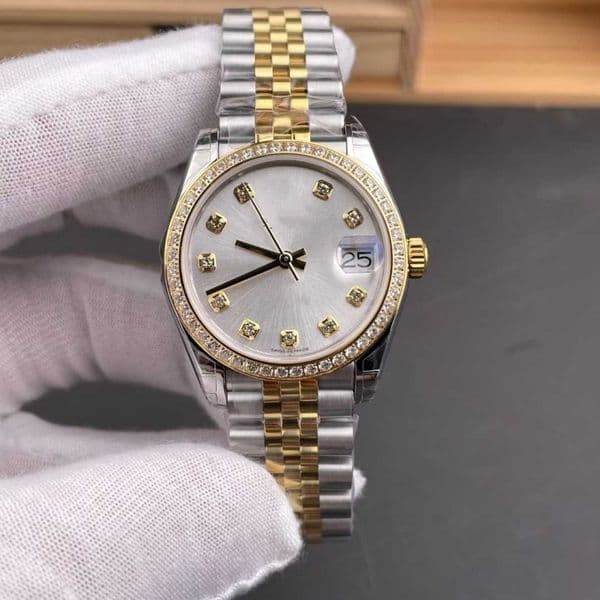 Luxury two-tone gold and silver automatic mechanical watch, diamond-set bezel, date display, unisex business watch.