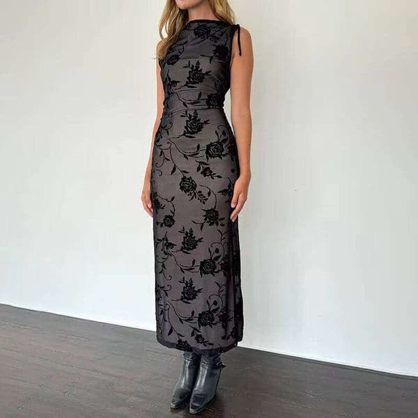 2026 Summer New Spicy Girl Sexy Long Sleeveless Plush Mesh Elegant Dress