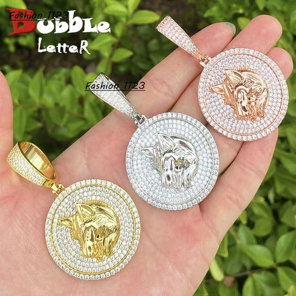 Copper Inlaid Zircon Round Disc Wolf Head Pendant Necklace Street Style Mens Hip Hop Jewelry