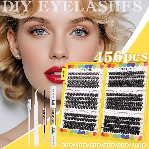 DIY Individual Eyelashes Fluffy Wispy, 456Pcs Wispy DIY Lash Clusters Kit with Lash Bond and Seal Strong Hold, Handmade Reusable Eyelash Extensions Soft Lightweight