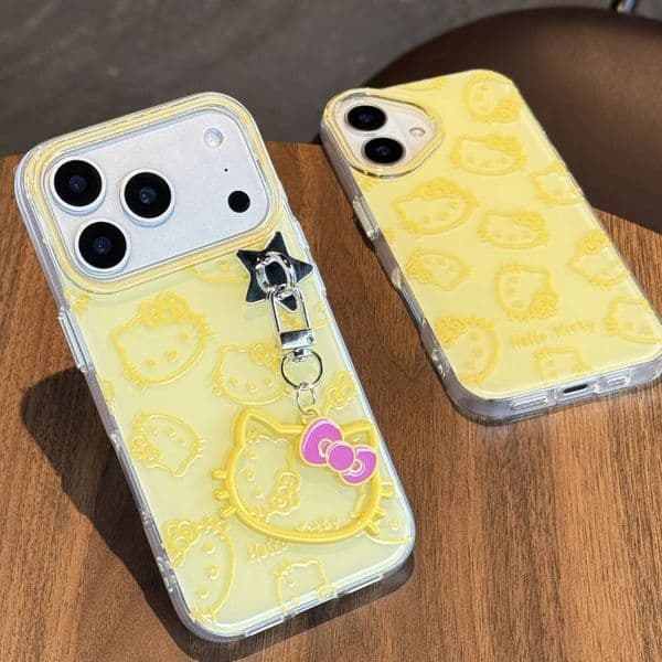 Ginger Yellow Line KT Jelly Shell iPhone 17 16 14 15 13 Pro Max Cover With Hellokitty Pendant For Cases