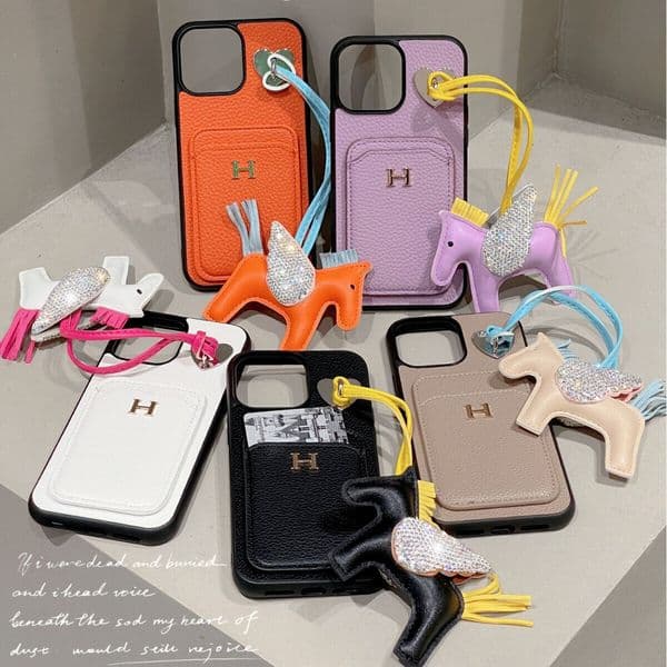 New Apple 17 Compatible with iPhone 13 Lychee Pattern Card Holder Lanyard Pony Phone Case Trendy