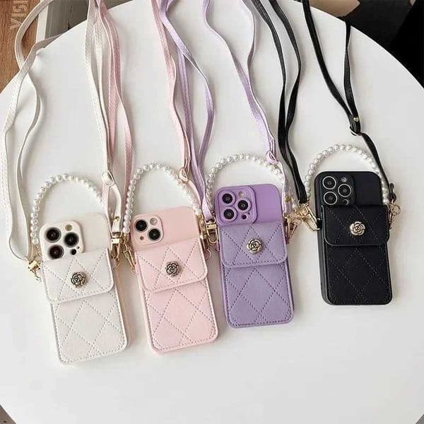 Pearl bracelet case for iPhone 16 14 13 12 11 15 Pro Max 14/16plus wallet card slot Camellia phone case crossbar lanyard J260423