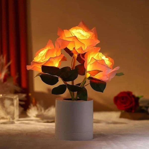 Pink Rose Flower Cordless Touch LED Artificial Flowers Gifts for Her Wife Girlfriend Small Table Lamp Night Light