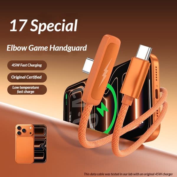 1/1.5/2M Orange PD Fast Charging Elbow Data Cable, Ultra-Thin Braided Cord, 30 Mins 80% Charge for iPhone 17/17 Pro,16/16pro/16pro max..