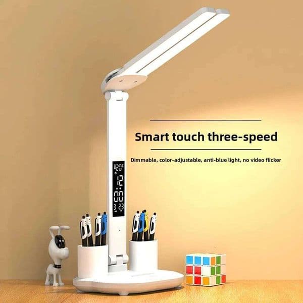 Student LED Desk Digital Display 3 Color Adjustable Reading Anti Blue Light Table Lamp with Pen Organizer