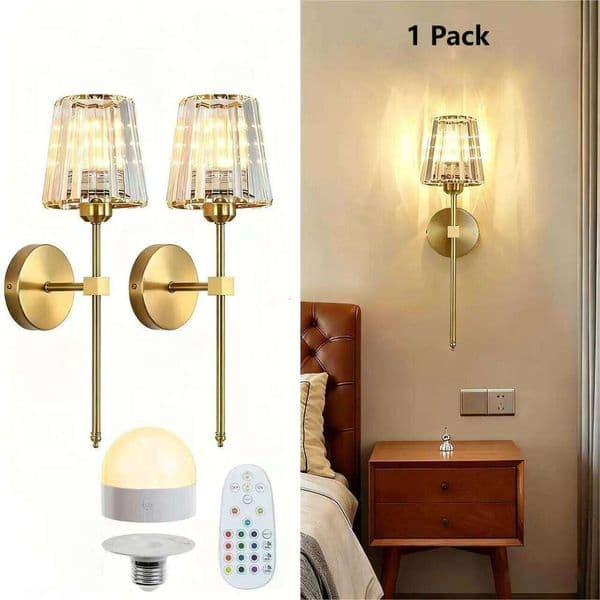 Battery Operated Sconces Set of 1,Gold Rechargeable Sconce Light with Crystal Lampshade,12 RGB Dimmable Wall Lamp