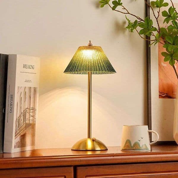 Retro Blue-Green Fan Shaped Desk Bedroom Bedside Night Light Ambience Iron Art Rechargeable Touch-Sensitive Table Lamp