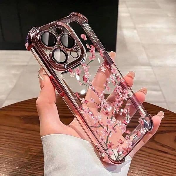Phone Case For iPhone 16 Pro Max 15 Plus 14 13 12 11 Plum Blossom Electroplated Airbag Transparent Anti-Fall Soft Cover