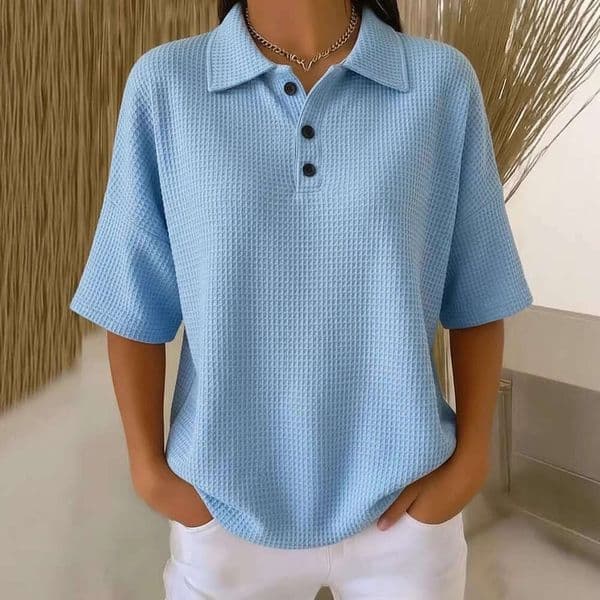 European and American women's fashion foreign trade buttoned waffle short-sleeve T-shirt, 2026 summer new solid color pullover top