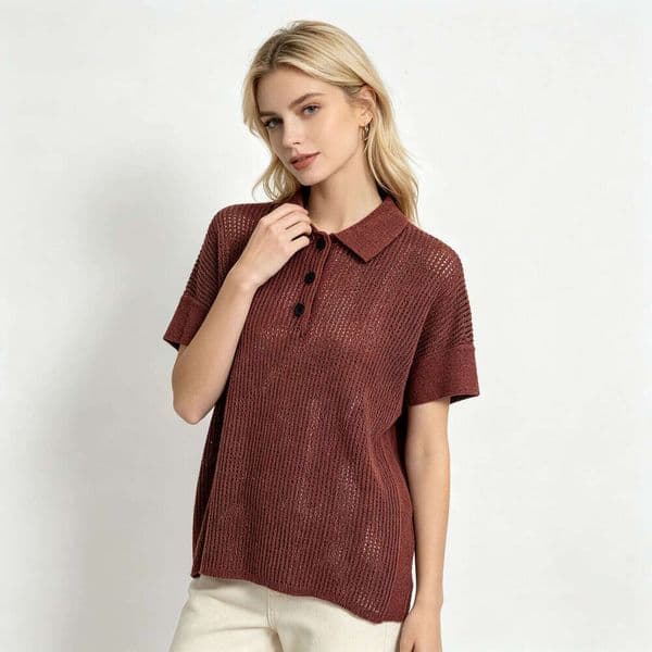 Minimalist style silver thread sparkling linen hollow knit shirt, designer with folded collar short sleeved Polo summer breathable top