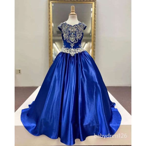 Royal Blue Girl Pageant Dress Ballgown Major Beading Crystals Satin Off-Shoulder Little Kid Birthday Formal Party Gown Toddler Teens Preteen Floor Length ZD19