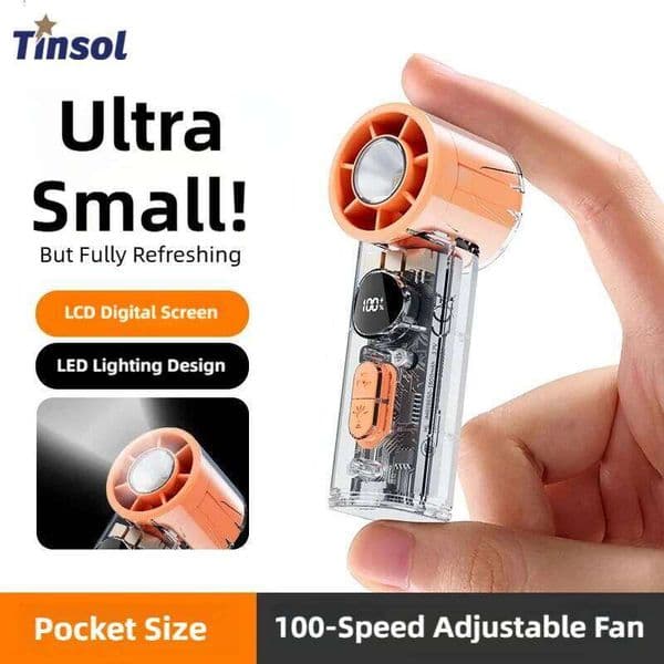 TINSOL Transparent Mini Handheld Fan, with LED Lighting, 100 Speed Settings, USB Rechargeable Portable High-Speed Electric Fan