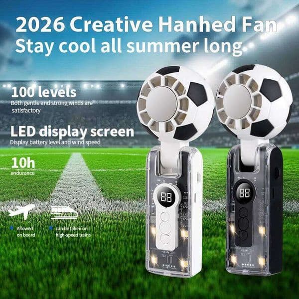 Portable High-Speed Handheld 2026 Soccer Theme Design, Ice Cooling Fan, LED Digital Display,100-level Neck Fan Rechargeable