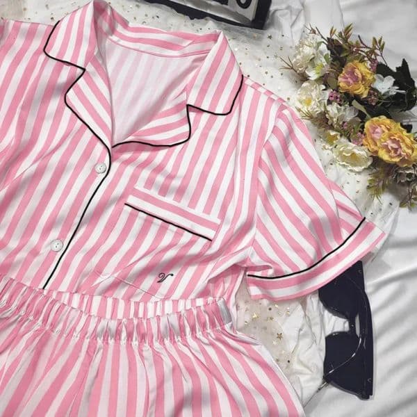 2026 New Lingerie Womens Pajama Set Summer 2Piece Short Sleeved Top pijamas woman And Synthetic Silk Satin Soft Stripe Printed Home Clothes 66
