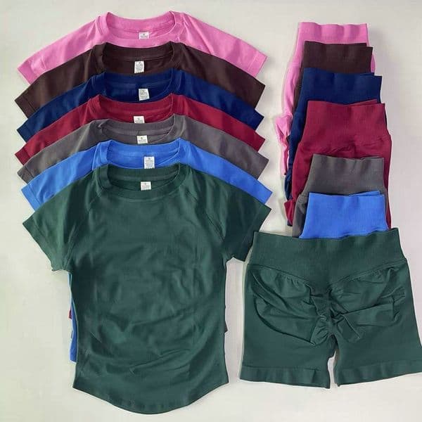 2 Pieces Women Sport Set Longline Short Sleeve Top Yoga T-shirt Crop Top Gym Clothes Seamless Design 4.5" Leg Length Low Ribbed Band Short