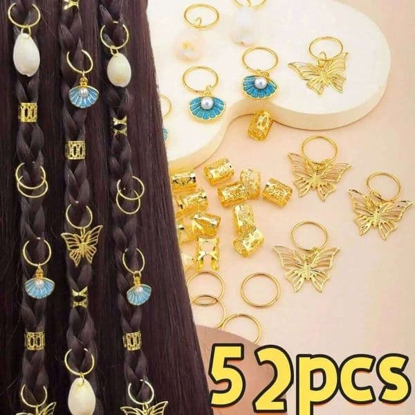 52pcs Shell Butterfly Dirty Dreads Rings Sand Suitable for Beach And Sea Activities Hair Accessories