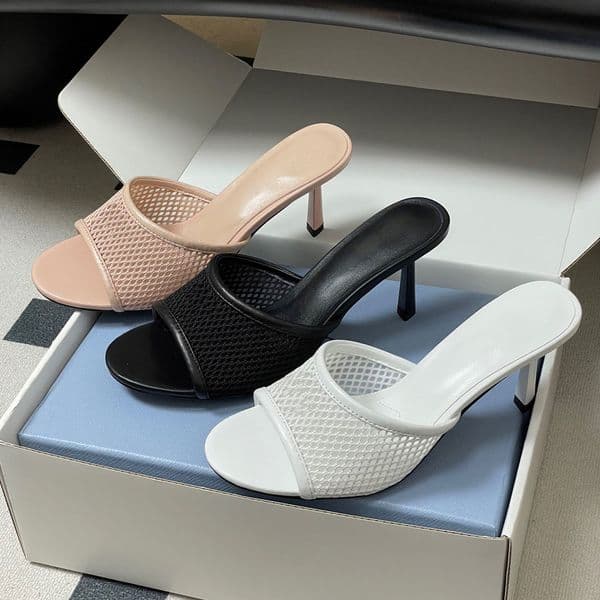 top quality Metal buttons mesh Simple Mules heels Slides open toes High heels sandals Slipper womens Luxury Designer heeled Evening party shoes
