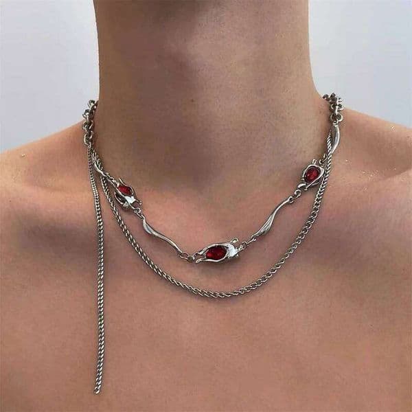 Vintage Black Red Zircon Pendant for Men Punk Silver Color Choker Chain Necklace Y2K Aesthetic Scene Jewelry Accessori