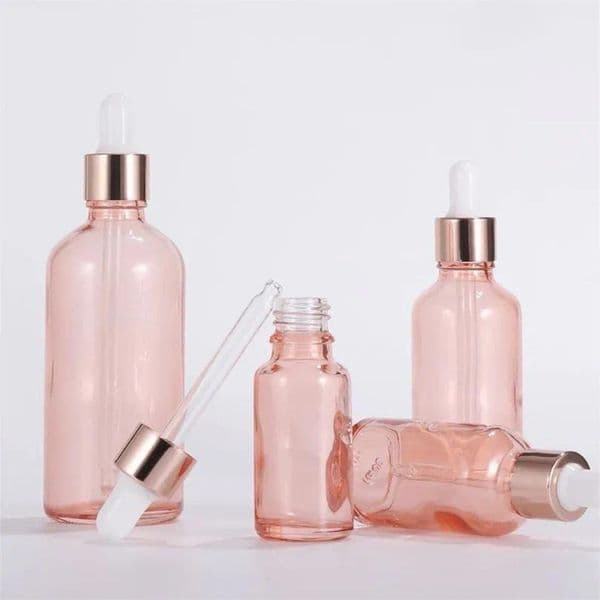 wholesale 5ml 10ml 30ml 50ml Refillable Essential Oil Dropper Bottles Eye Dripper Pipettes For Perfume Liquid with Rose Gold Lids Cosmetic Container