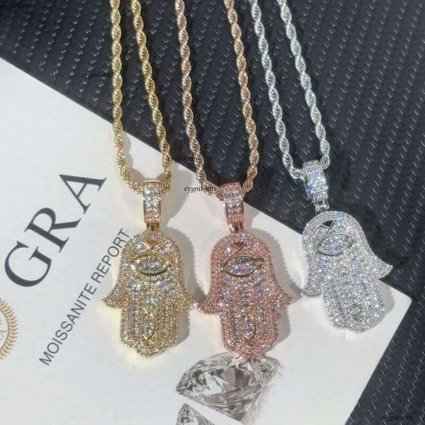 Ready to Ship Hip Hop Jewelry Hamsa Iced Out Sterling Sier Moissanite Pendant With Rope Chain for Men