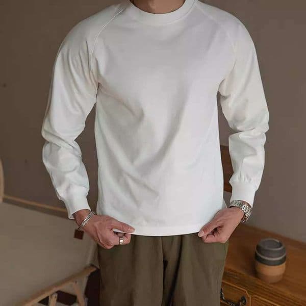 Retro Heavyweight 350g Pure Cotton Raglan Long Sleeve T-Shirt American Style Small Collar Inner Layer Base Shirt for Men in Autumn