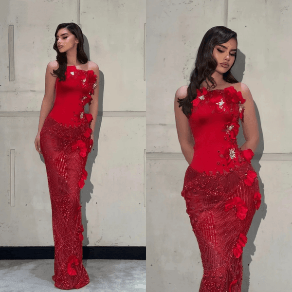 Fancy Strapless Evening Dresses Sequins Mermaid Prom Dress Pearls Crystal 3D Flowers Sleeveless Party Gown Vestidos De Noche Plus Size