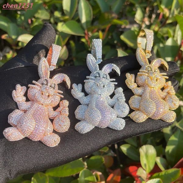 Fashion cartoon animal rabbit pendant 925 silver hip hop shiny ice type vvs moissanite rabbit pendant necklace for men and