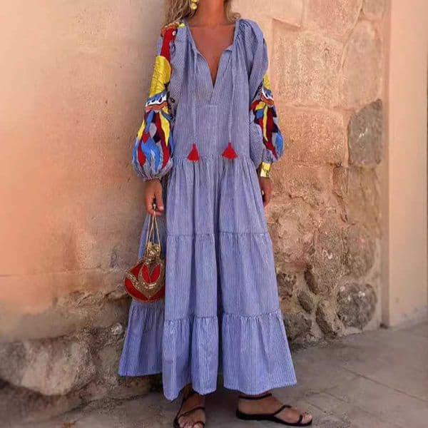 European & American Fall Long-Sleeve Women's New Arrival V-Neck Bell-Sleeve Striped Print Dress