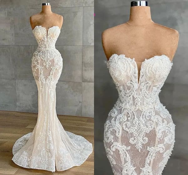 Vintage Lace Trumpet Mermaid Wedding Dresses Sexy Strapless Slim Fitted Women Bridal Gowns Sweep Train Plus Size Elegant Fishtail Bride Long Robes de Mariee R0071