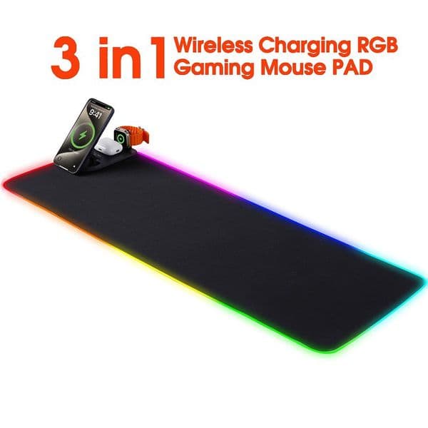 15W 3 in 1 Wireless Charger with Mouse Pad Customized Desk Pad Fantasy Game Pad Rubber RGB Mouse Plate with Magnetic Wireless charger for iphone Airpod Apple Watch