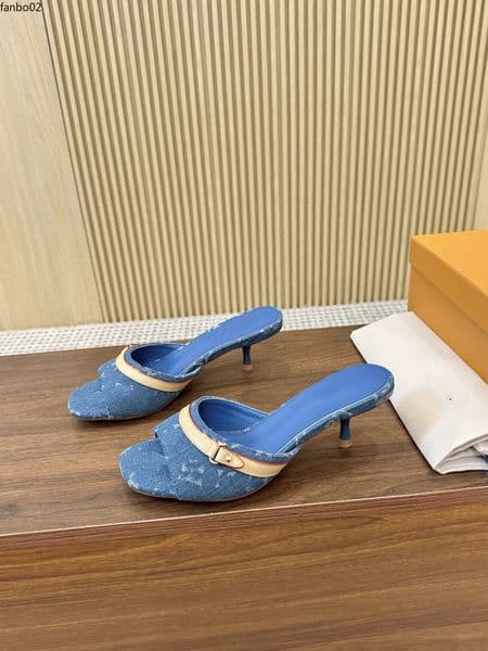 Denim slippers Bowtie jacquard slides Mule sandals on stiletto heeled open toe shoes women's luxury designer leather evening shoe factory footwear hyt202
