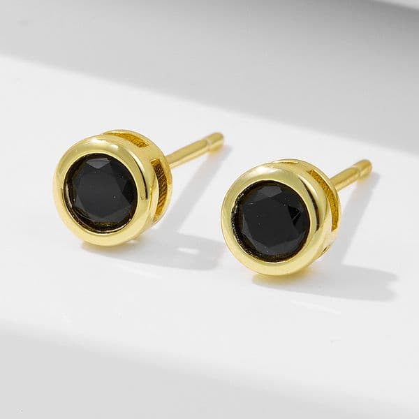 s925 sterling silver classic geometric round black zircon stud earrings, simple and unique niche versatile earrings