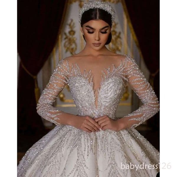 Ball Wedding Dress Sexy Elegant Tulle O Neck Sequin Backless Full Sleeve Bride Gown Vestidos De Novia