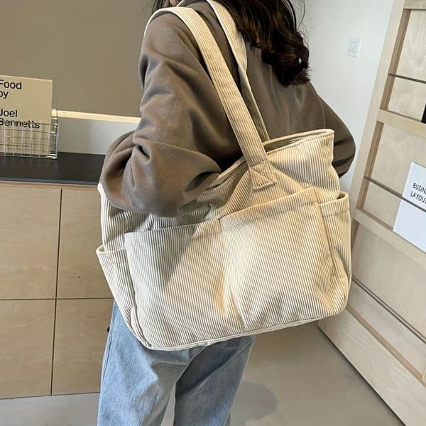 Womens Casual Corduroy Tote Bag Striped Shoulder Bag with Fixed Straps Zipper Large Capacity Handbag for Daily Outings and Shop260128BJ