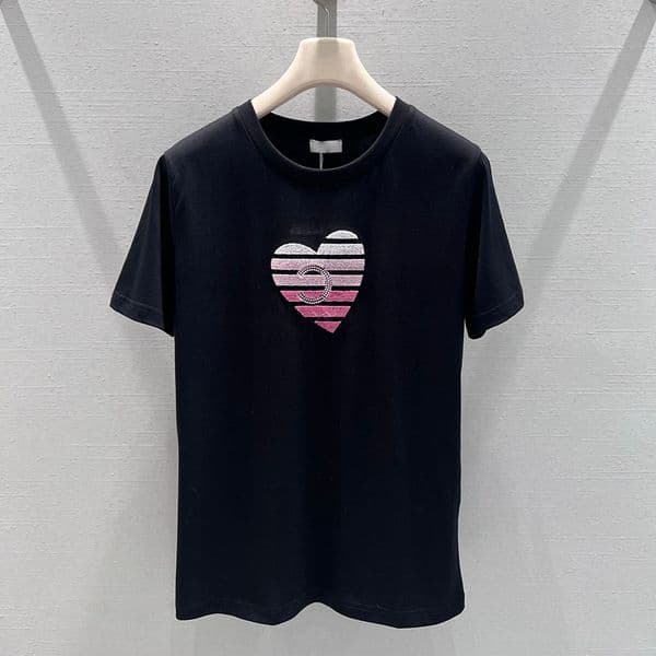 Women Casual T Shirts Designer Gradient Heart Short Sleeved Tops Summer Black White Cotton Breathable Tees
