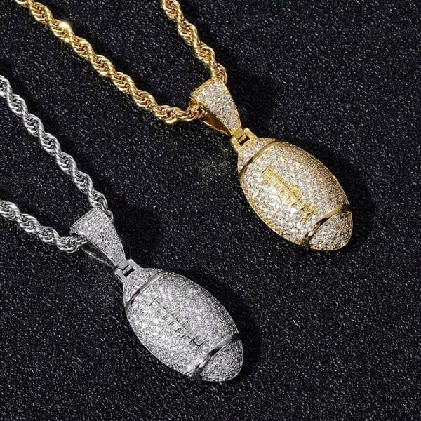 Fun Mens Hip Hop Style Rugby Football Pendant Necklace Full Iced Cubic MoissaniteVVSia American Style Trendy Gold Fashion Accessory