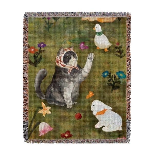 Cute Cat Throw Rug Adorable Pet Illustration Sofa Cover Wall Tapestry Camping Blanket Decorative Throw 130x160cm