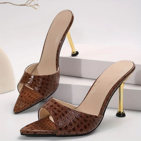 Glamorous Crocodile Texture High Heel Sandals - Chic Slip-On Stilettos with Pointy Peep Toe for Fashion-Forward Parties Banquets 260130BJ