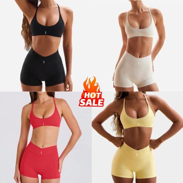 B6527+K3611 Women's Yoga Set Two Piece Halter Neck Sports Bra Cross-Waist Gym Biker Shorts Activewear Set
