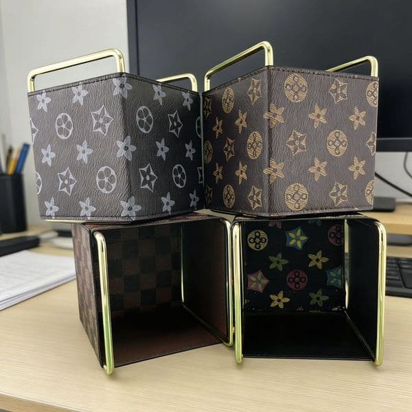 Vintage-style desktop leather stationery box,light luxury makeup brush, remote control, pen holder, miscellaneous item storage box