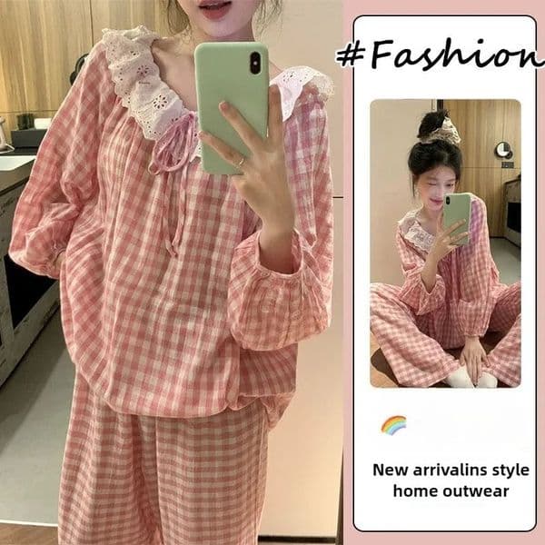 Sweet Large Collar Lace Trim Pajamas for Women with Plaid Long Sleeves and Pants Student Home Wear Size 2 Piece Set 260130