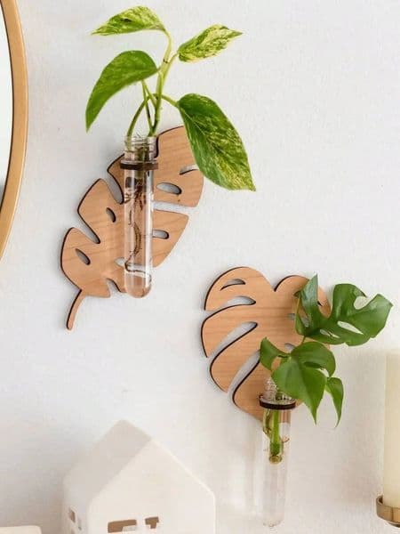 Bestseller 1/2 Pcs Leaf Shape Planters Wooden Wall Hanging Plant Pots with Test Tube Vase Indoor Propagation Station Home Garden Decor ddmytues
