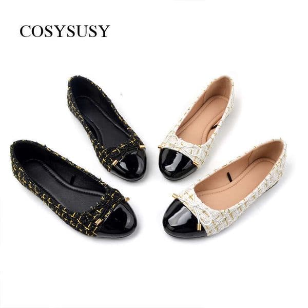 Elegant Tweed-Inspired Flats for Women Patent Leather Toe with Bow Detail, Comfortable Dress Shoes for Work, Office & Casual Outings