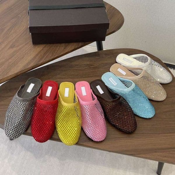 10 a quality Rhinestone genuine leather Mesh Mary Jane Ballet Flat shoes Mesh mules clog slide loafers ballerina Flat dress Luxury designer shoe woman Vacation shoes