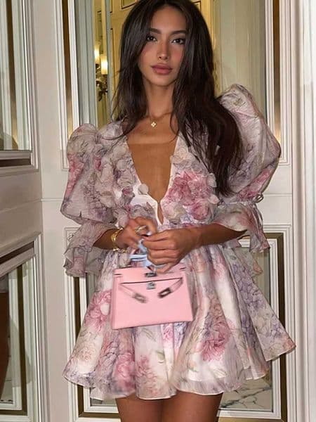 Womens Dress tie 3D floral deep V-neck sparkling sleeve mini dress fashionable pink dress ultra-thin printed multi pleated Vestidos new womens holiday party clothing